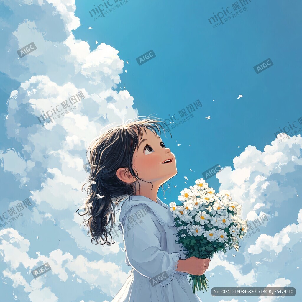 蓝天白云女孩插画