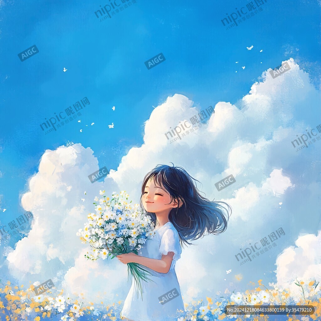 蓝天白云女孩插画