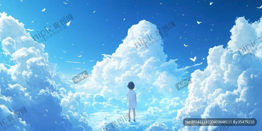 蓝天白云女孩插画