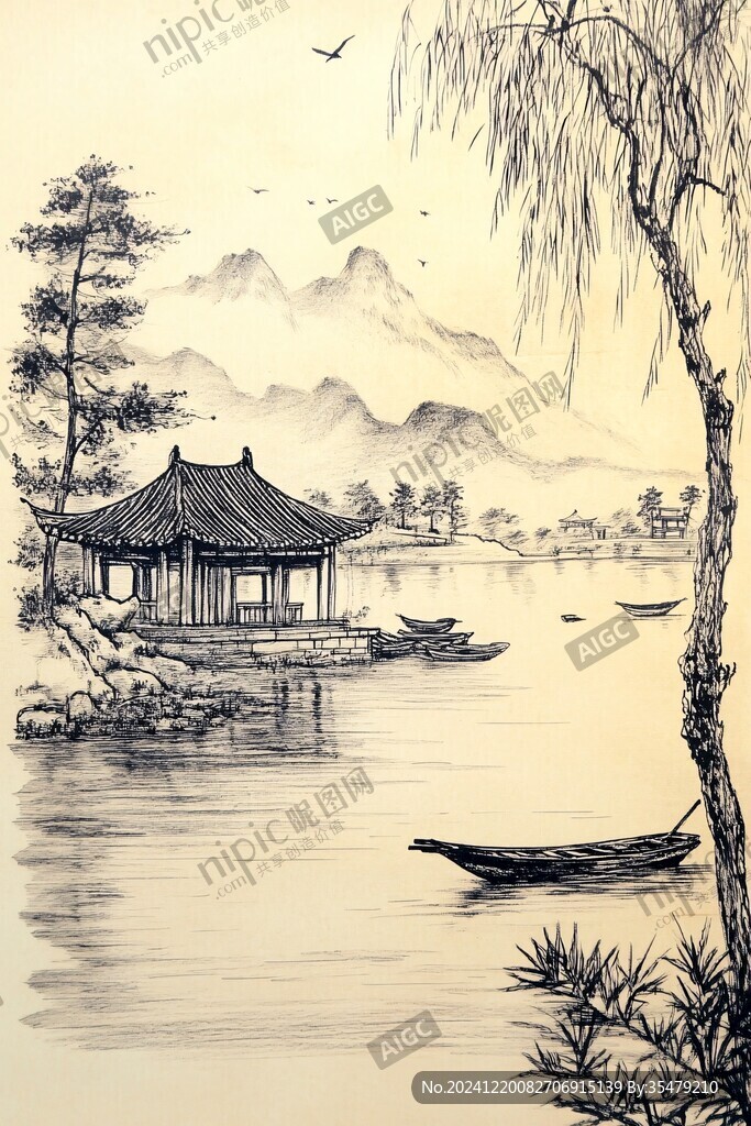 线描古风江景山水