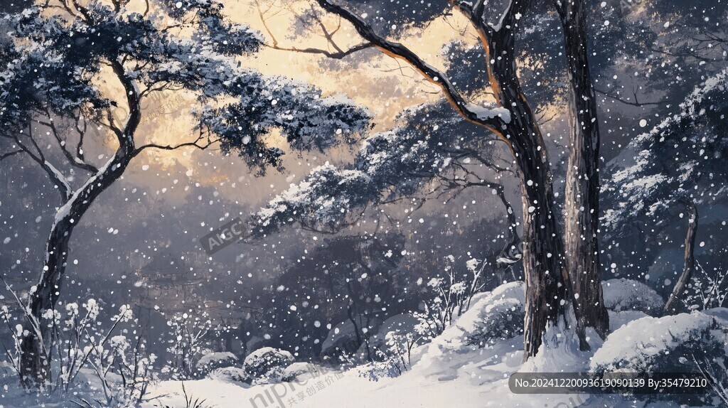 手绘雪夜风景无框画