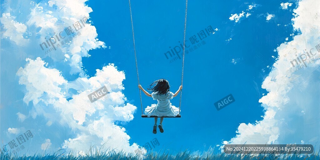 蓝天白云女孩插画