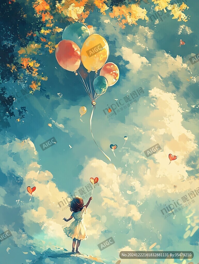 蓝天白云女孩插画