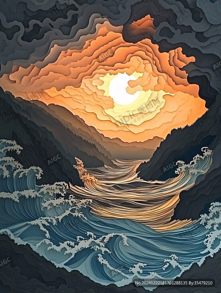 手绘海浪旭日东升