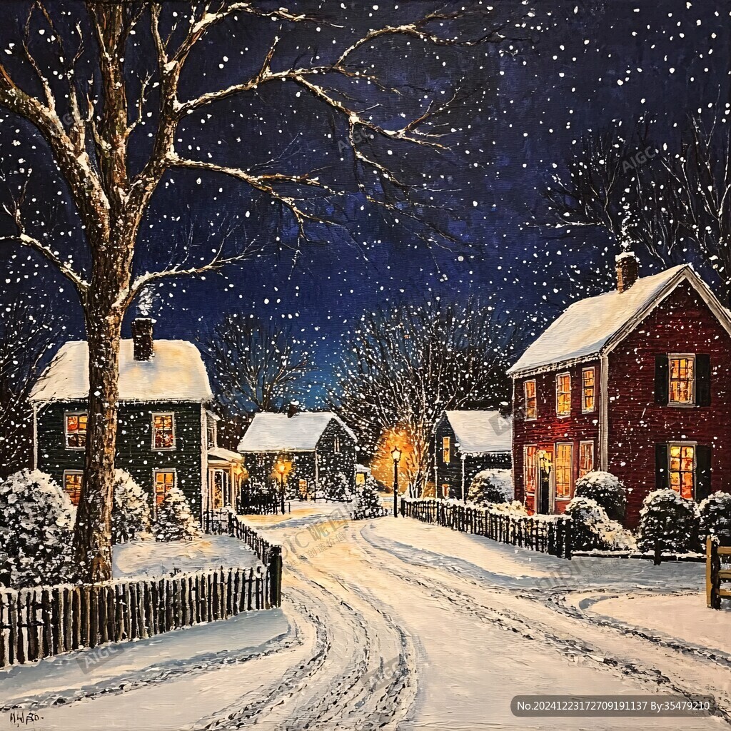 手绘雪夜风景无框画