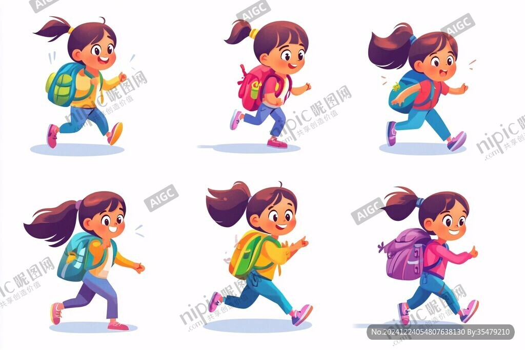 奔跑着上学的卡通女孩