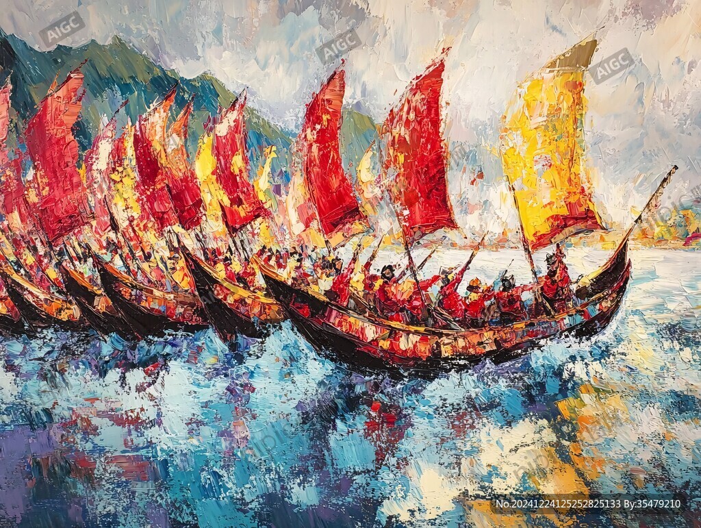 山峰渔船群山油画壁画