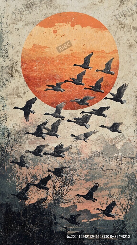 插画飞鸟落日