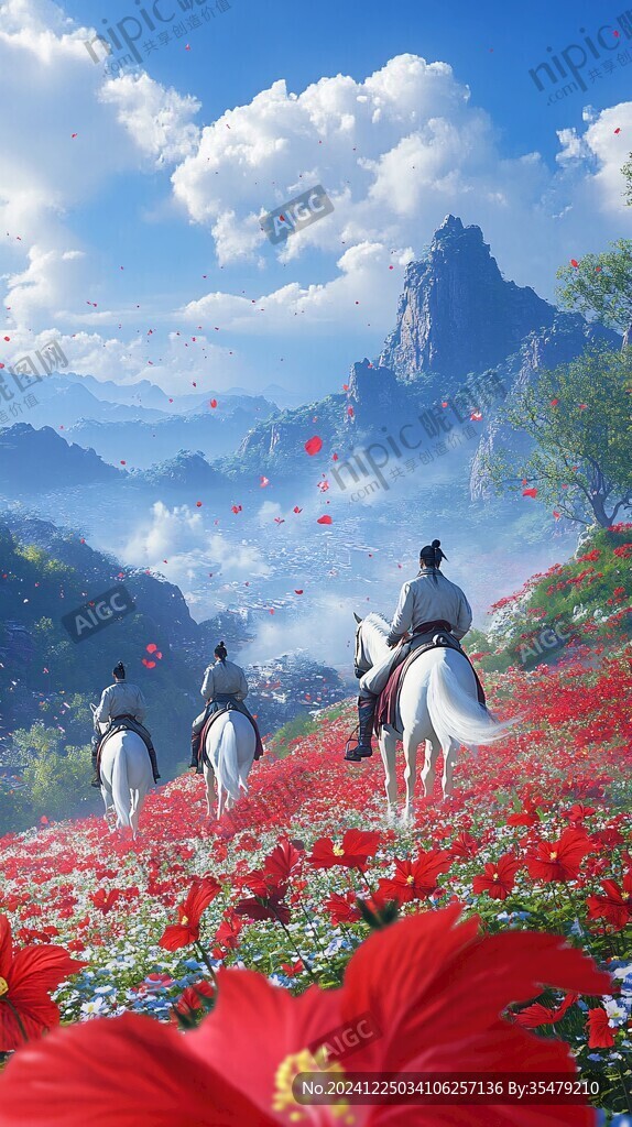 花瓣飘落山水画