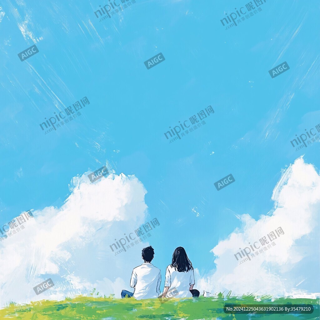 蓝天白云女孩插画