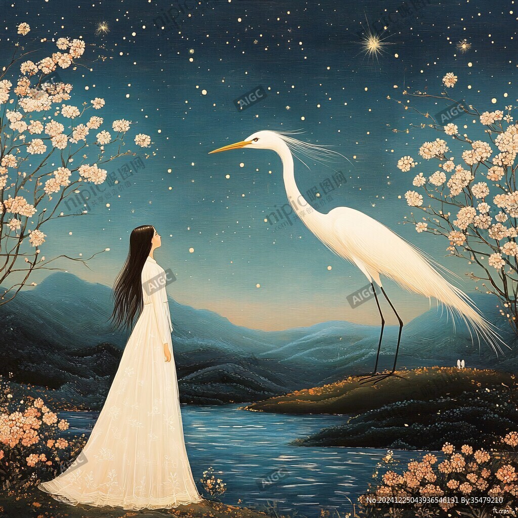 唯美仙鹤风景插画