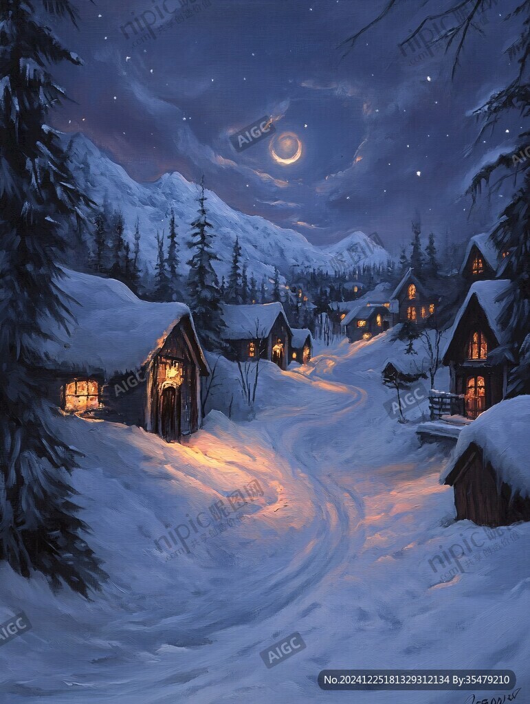 手绘雪夜风景无框画