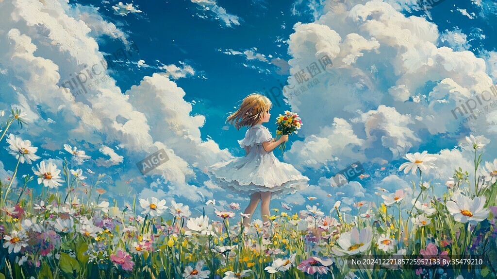 蓝天白云女孩插画