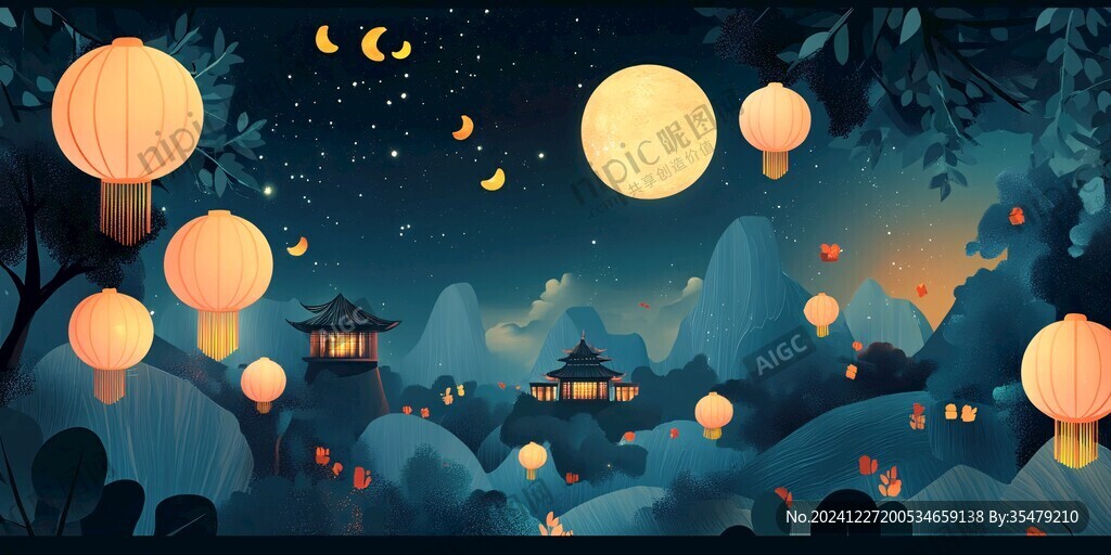 虎溪夜月景点插画