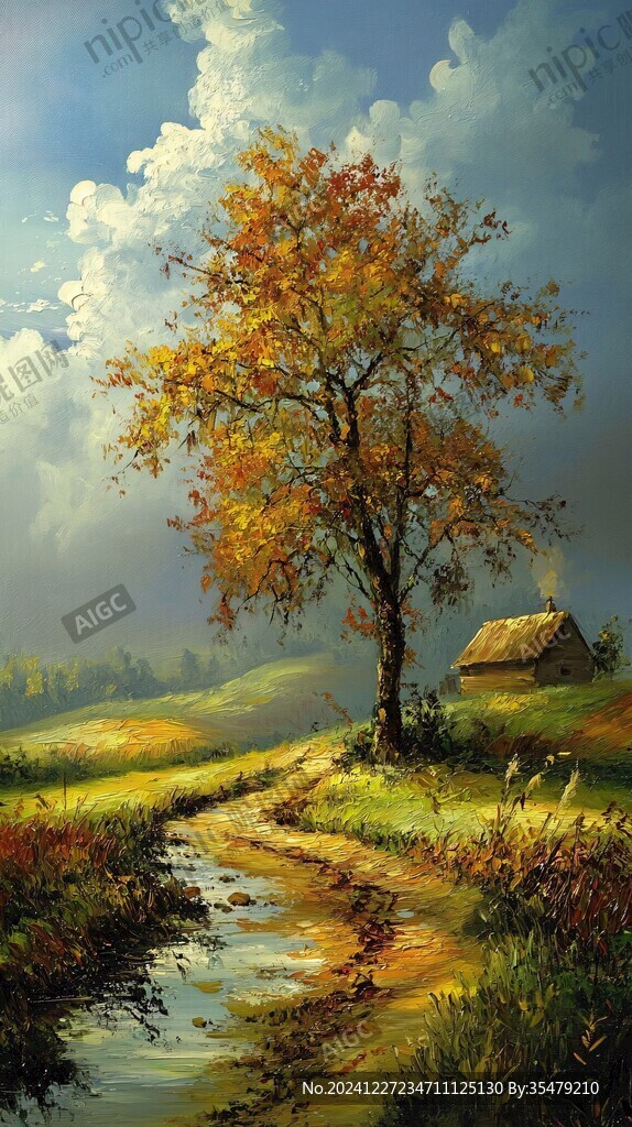 唯美秋天风景油画