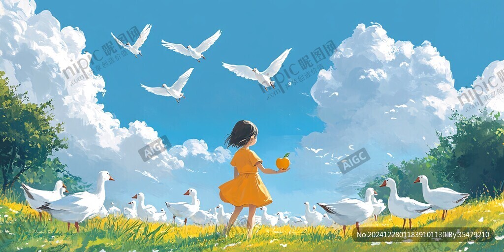 蓝天白云女孩插画