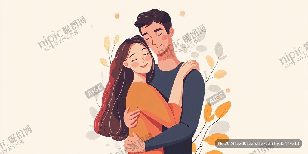 情侣拥抱浪漫插画