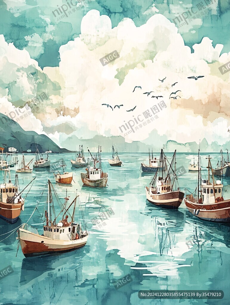 水彩画渔船生态环保