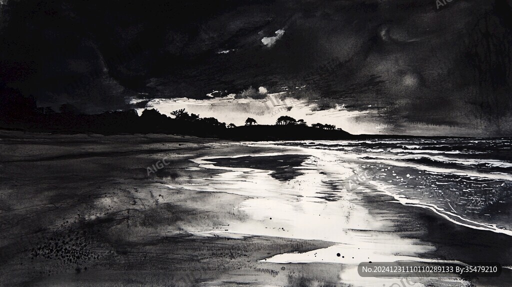 海天一色水彩画