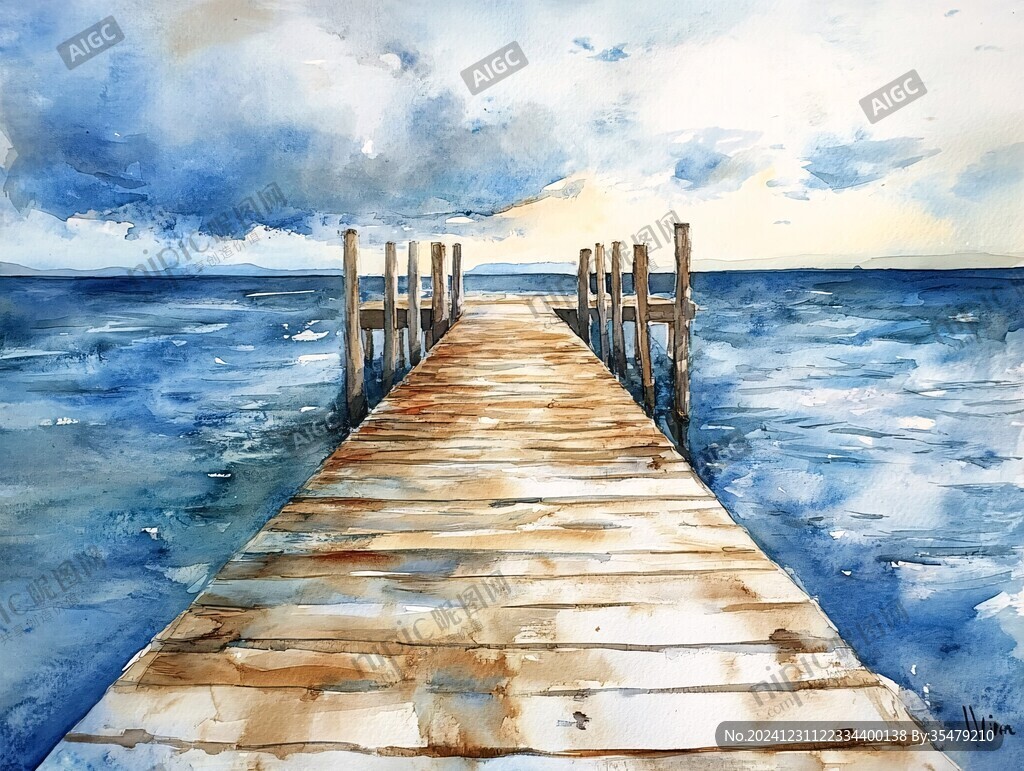 海天一色水彩画