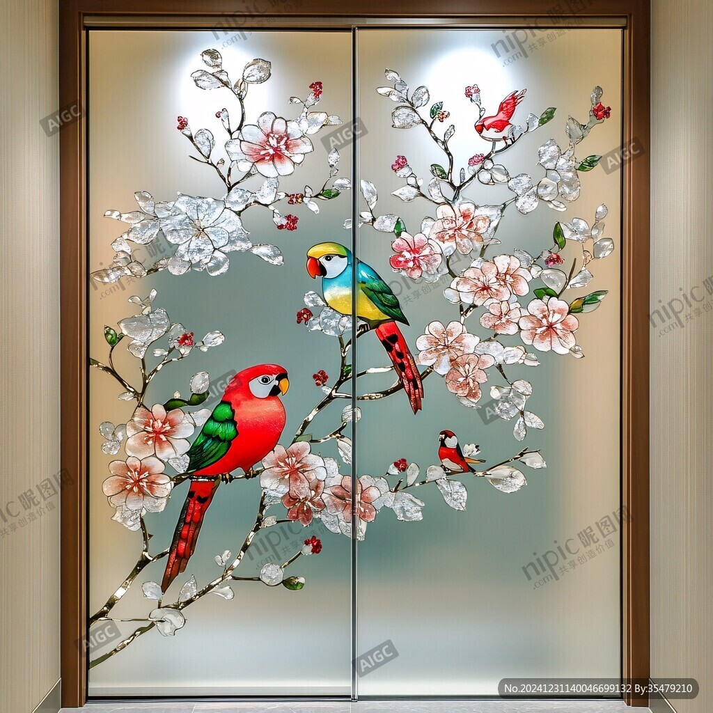 手绘花鸟玻璃画