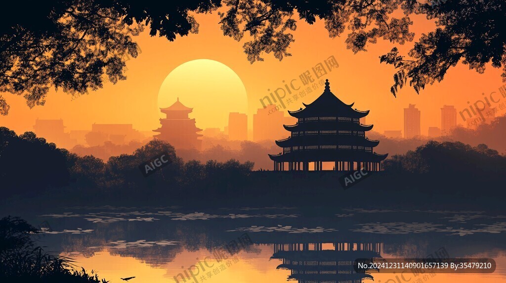 亭台楼阁旭日东升