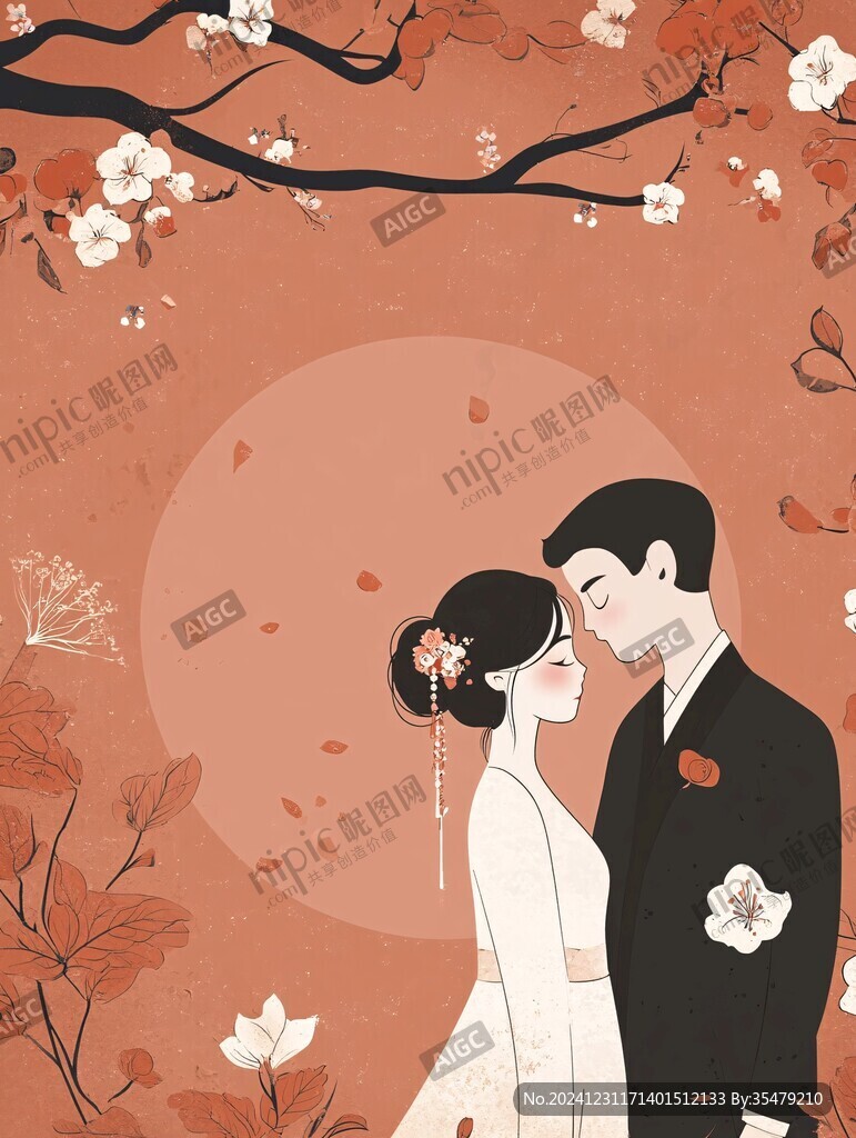 红色插画风婚礼