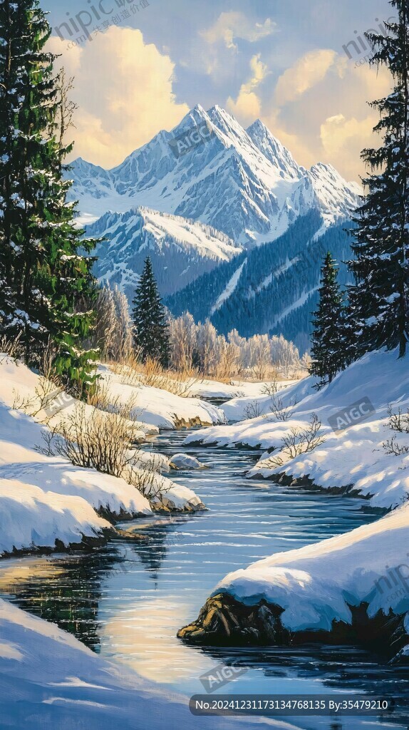 雪山河流油画