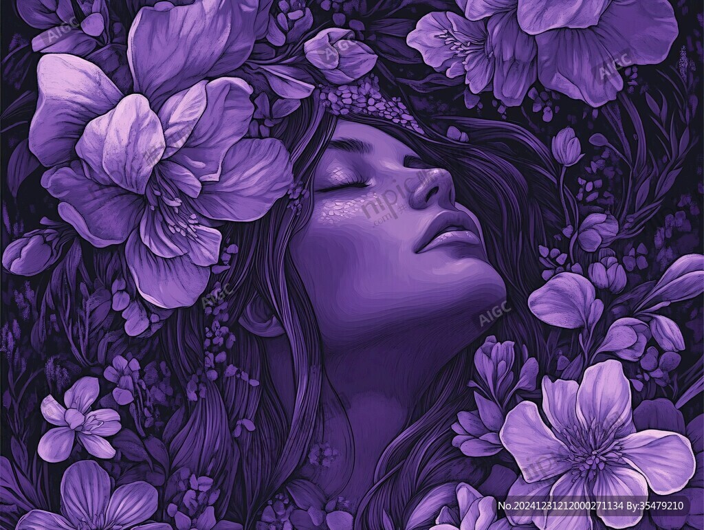 手绘抽象女人花草插画