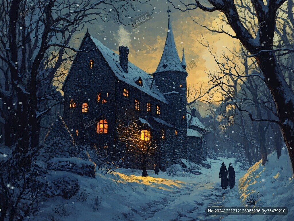 手绘雪夜风景无框画