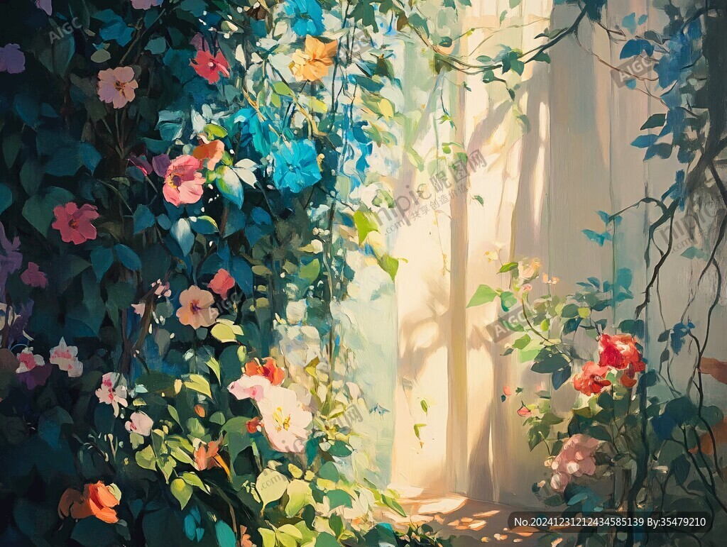 开满鲜花的窗户插画