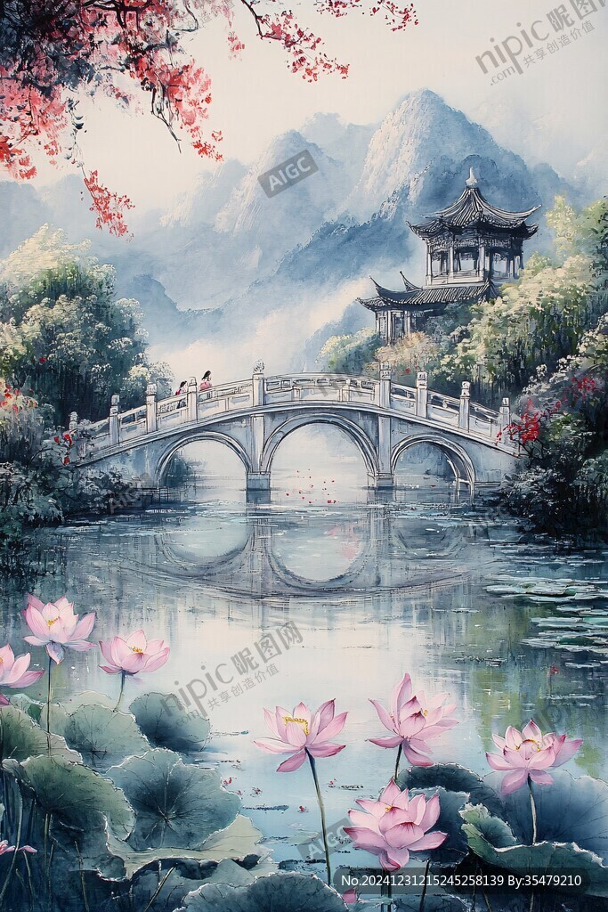 古风亭台楼阁油画