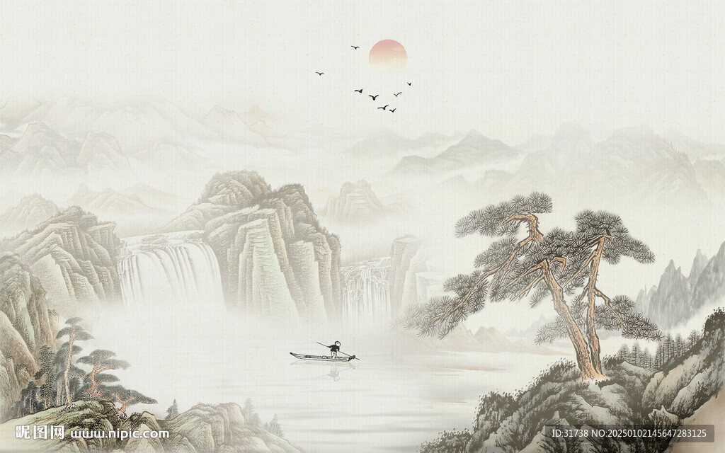 新中式山水画迎客松背景墙