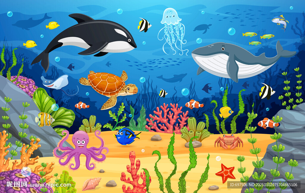 海底世界卡通鲸鱼珊瑚热带鱼背景