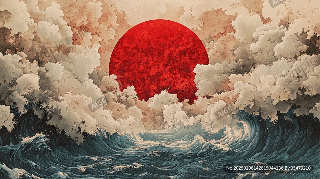 手绘海浪旭日东升