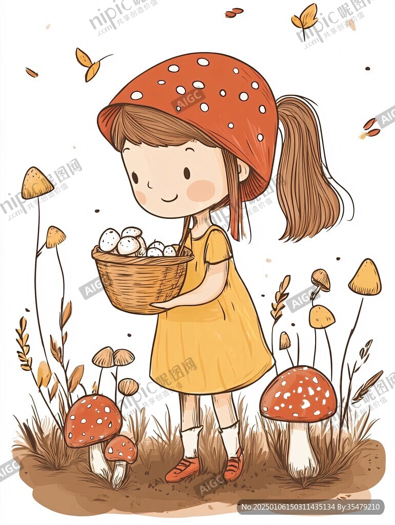 手绘采蘑菇的小女孩