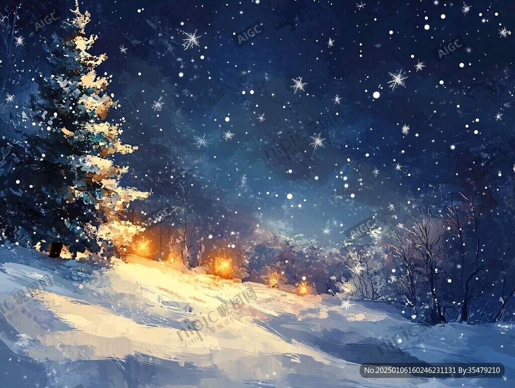 手绘雪夜风景无框画