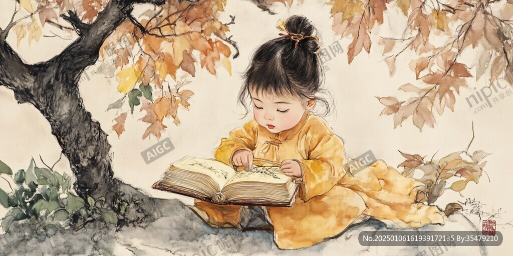 认真看书的小姑娘