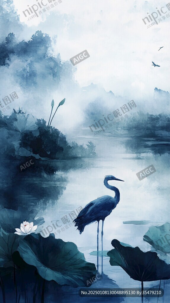 唯美仙鹤风景插画