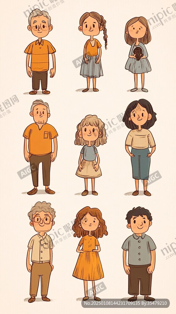 手绘全家福人物