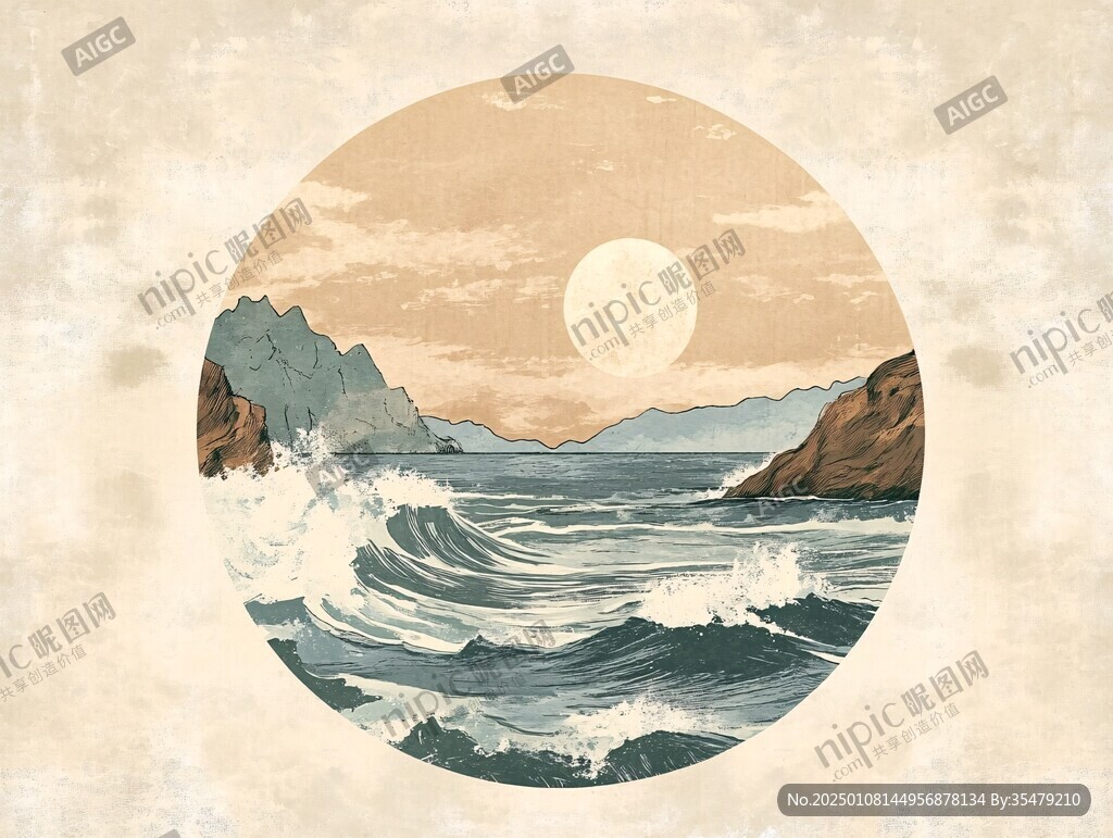 手绘海浪旭日东升