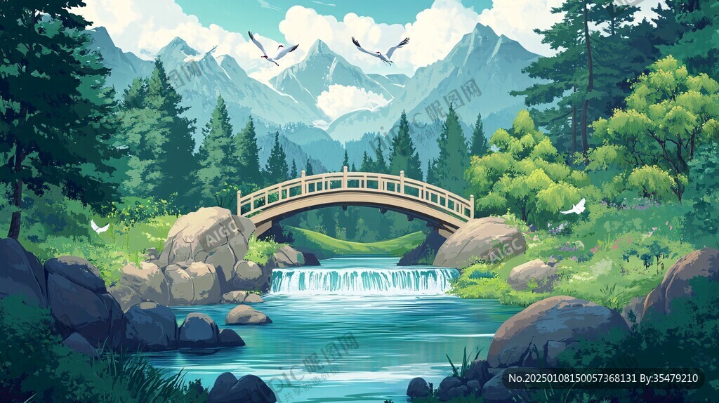 风景小桥瀑布绿树远山