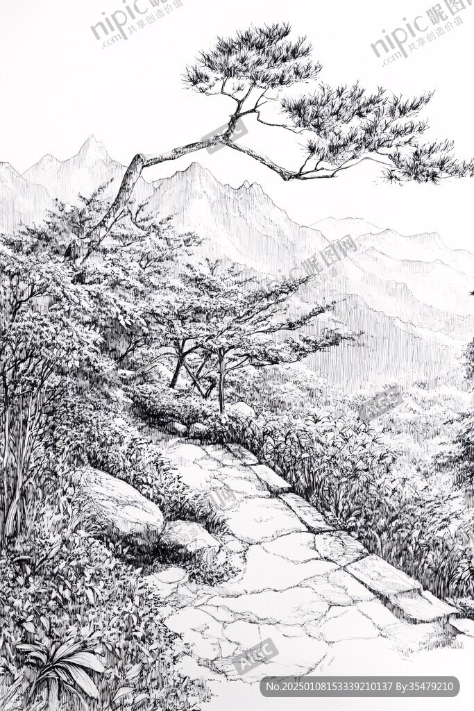 白描松树山水