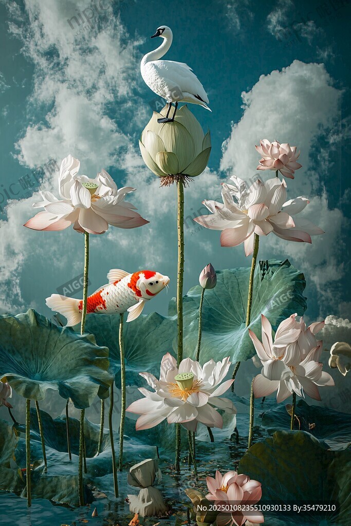 3d荷花鲤鱼圆形画