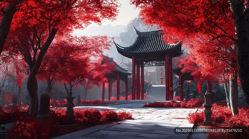 中式建筑红枫树