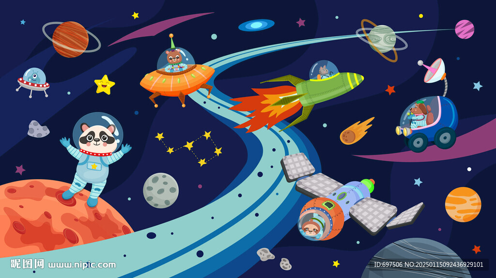 卡通动物宇航员外太空星球背景墙