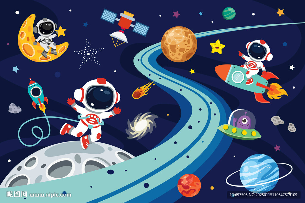 卡通外太空轨道宇航员星球背景墙