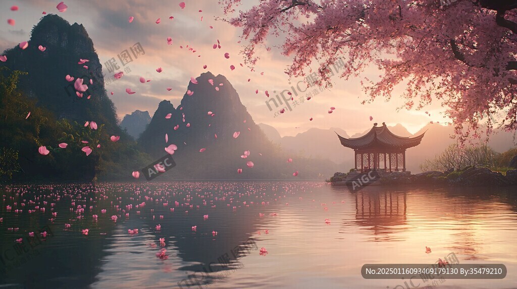 花瓣飘落山水画