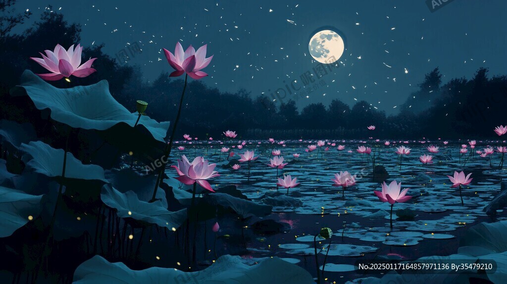 月色中的水浮莲