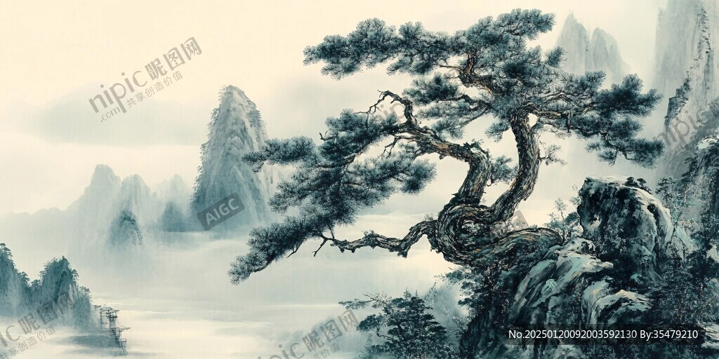 迎客松松树禅意山水